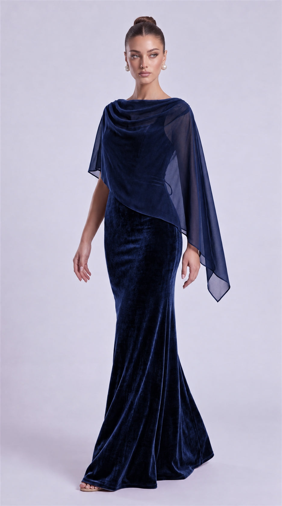 Navy Blue three-quarter front view of MEXMY velvet mermaid prom dress with chiffon cape