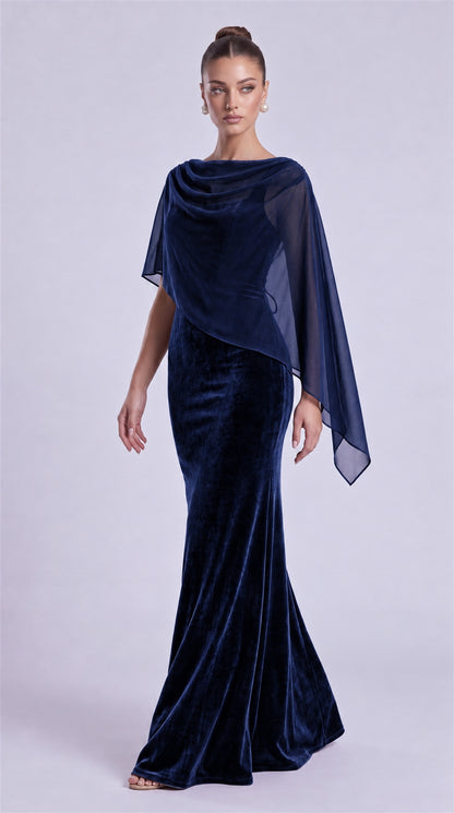 Navy Blue three-quarter front view of MEXMY velvet mermaid prom dress with chiffon cape