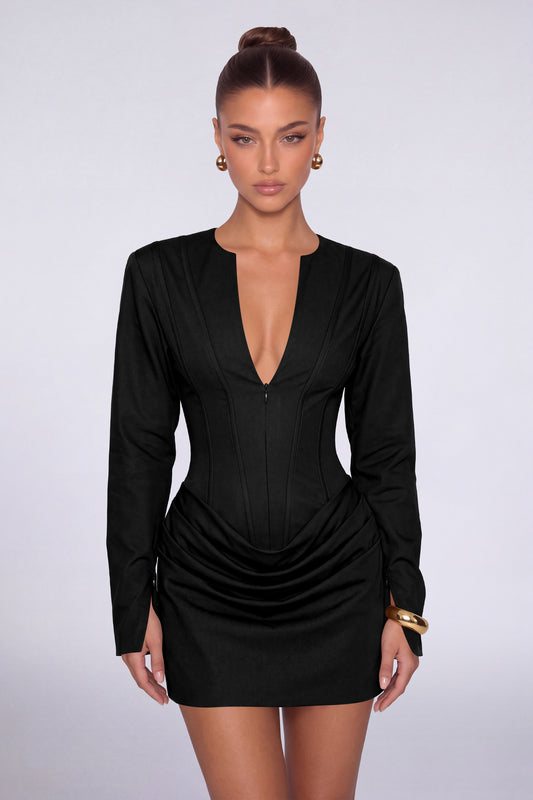 MEXMY Plunge-V Ruched Lace-Up Back Long-Sleeve Mini Dress - Black - View 1