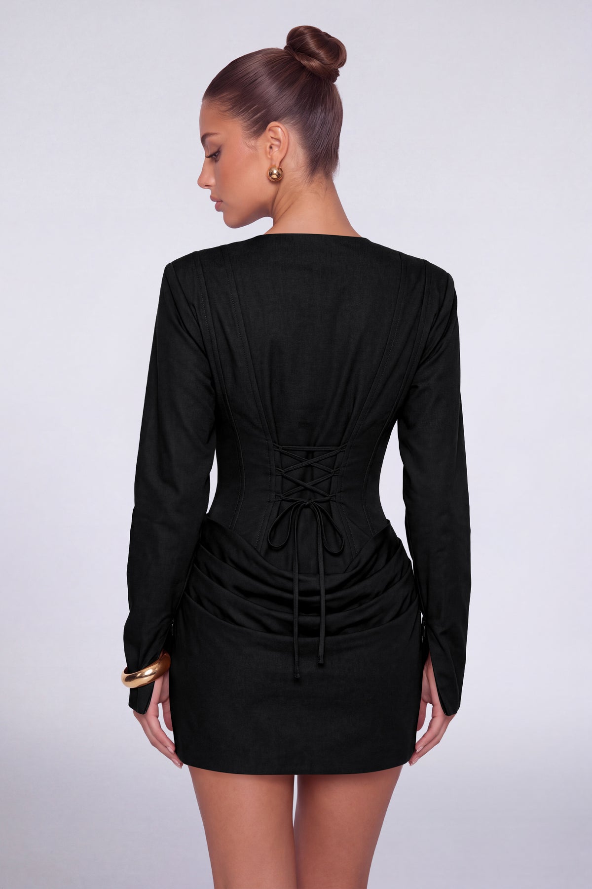 MEXMY Plunge-V Ruched Lace-Up Back Long-Sleeve Mini Dress - Black - View 2