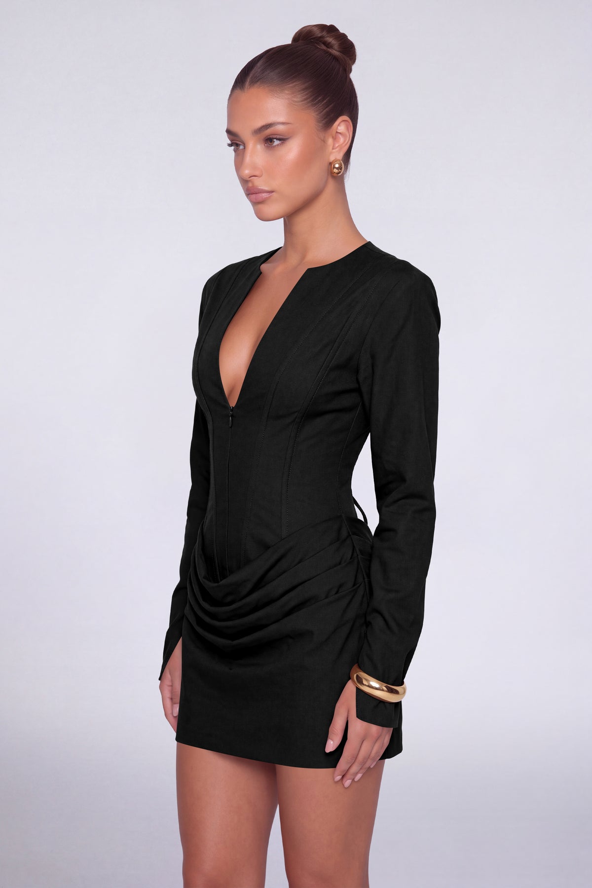 MEXMY Plunge-V Ruched Lace-Up Back Long-Sleeve Mini Dress - Black - View 3