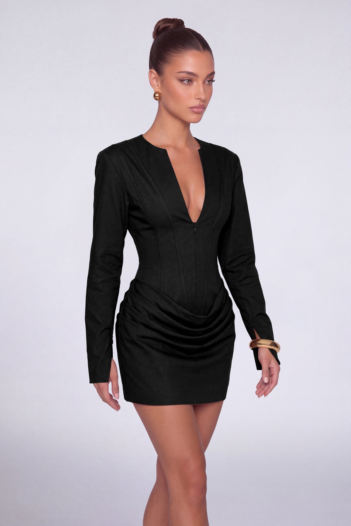 MEXMY Plunge-V Ruched Lace-Up Back Long-Sleeve Mini Dress - Black - View 4