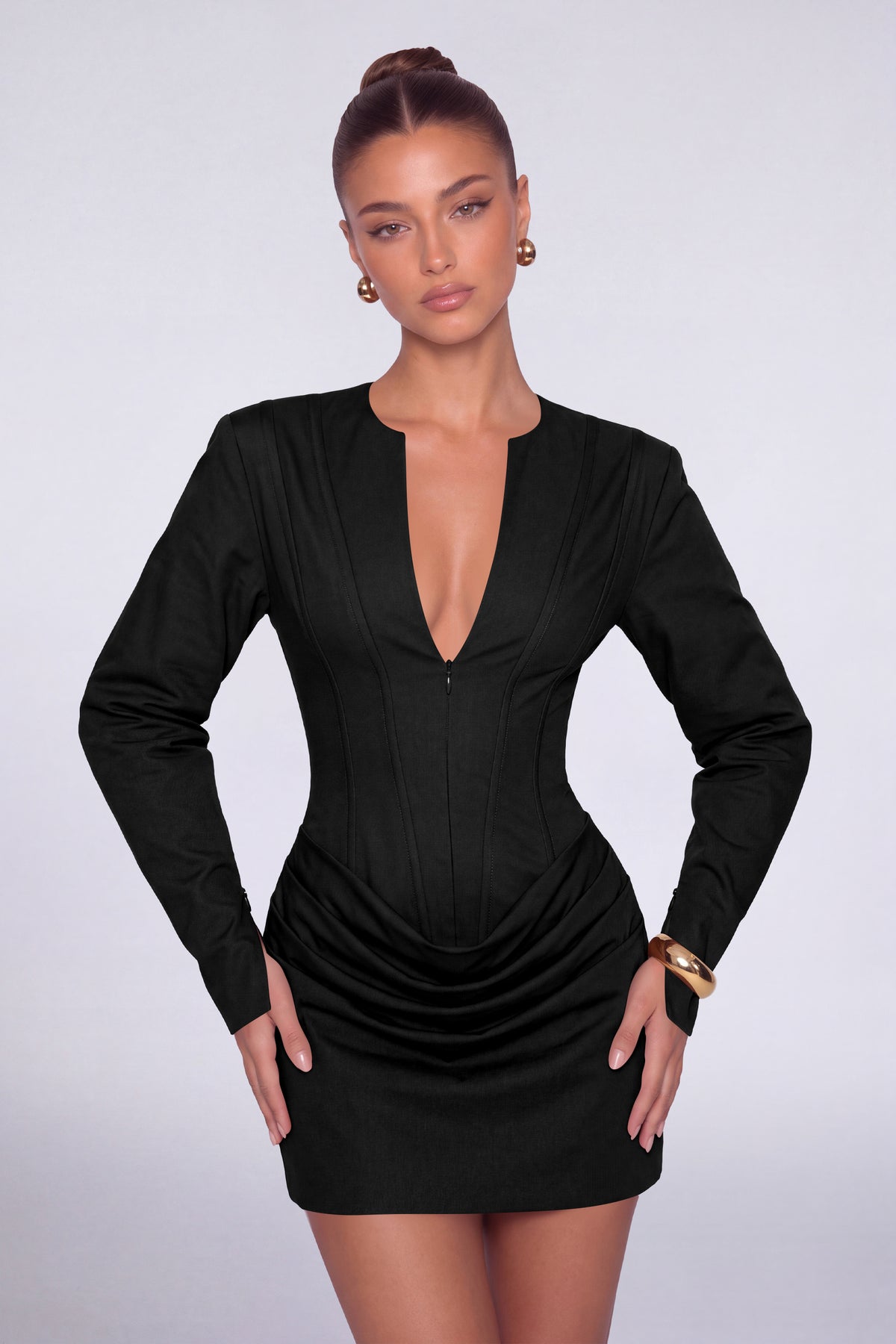 MEXMY Plunge-V Ruched Lace-Up Back Long-Sleeve Mini Dress - Black - View 5