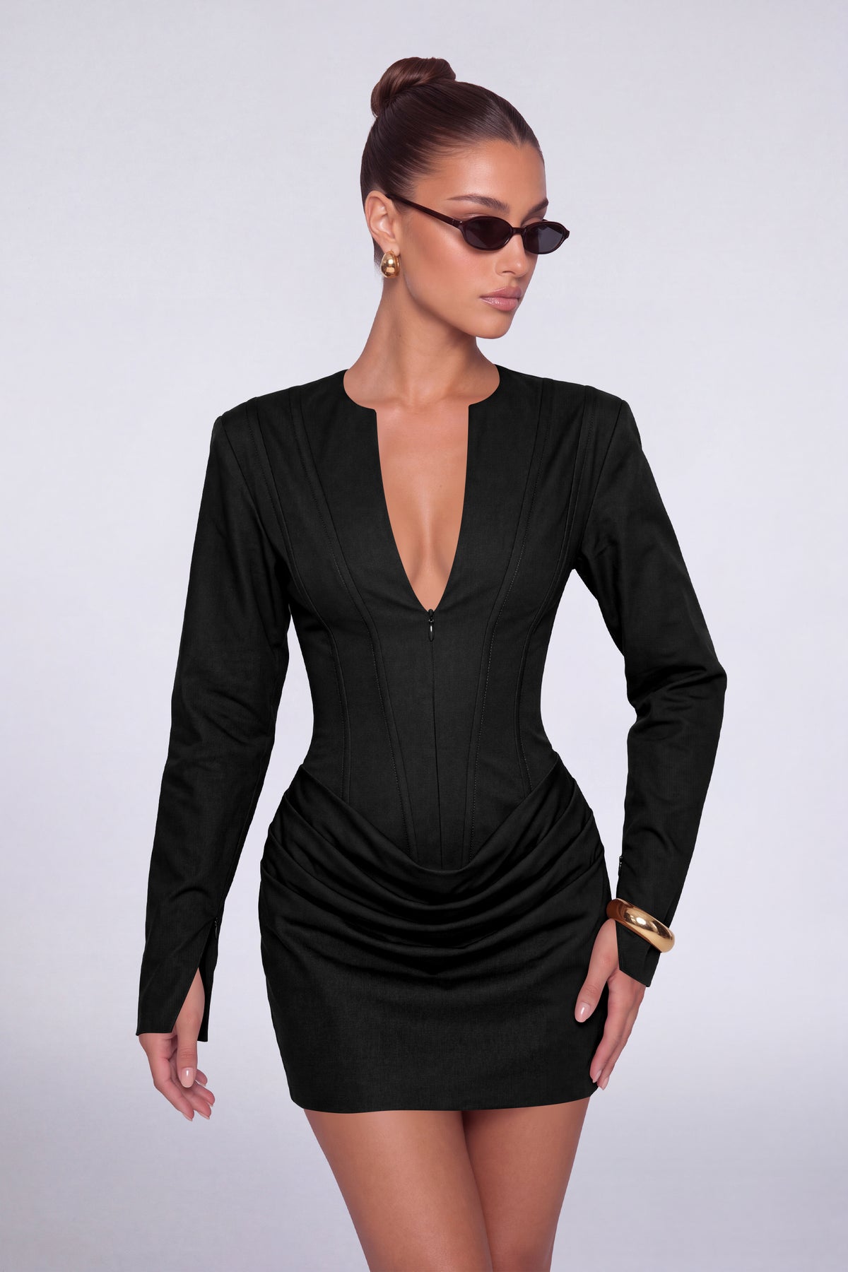 MEXMY Plunge-V Ruched Lace-Up Back Long-Sleeve Mini Dress - Black - View 6