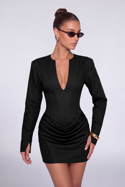 MEXMY Plunge-V Ruched Lace-Up Back Long-Sleeve Mini Dress - Black - View 6