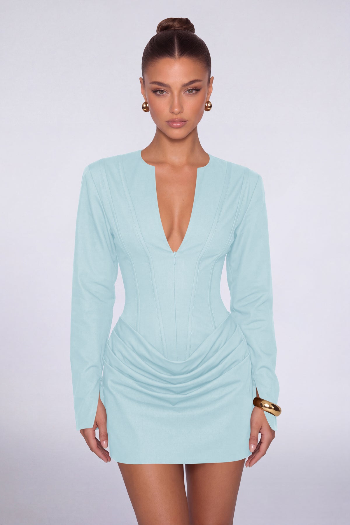 MEXMY Plunge-V Ruched Lace-Up Back Long-Sleeve Mini Dress - Light Blue - View 1