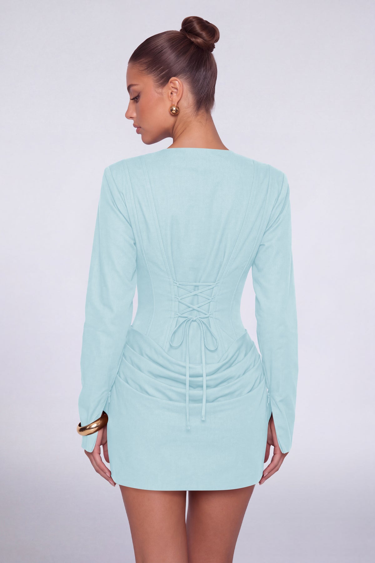 MEXMY Plunge-V Ruched Lace-Up Back Long-Sleeve Mini Dress - Light Blue - View 2