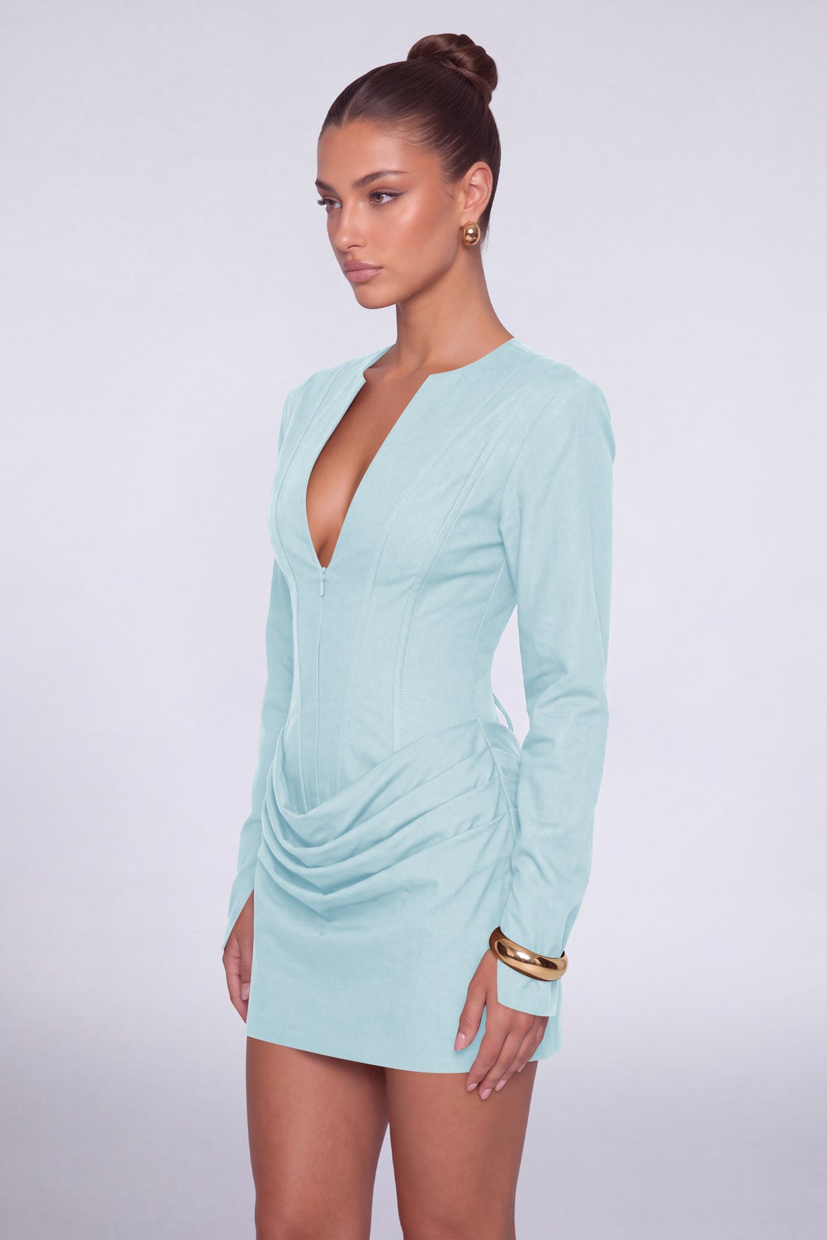 MEXMY Plunge-V Ruched Lace-Up Back Long-Sleeve Mini Dress - Light Blue - View 3