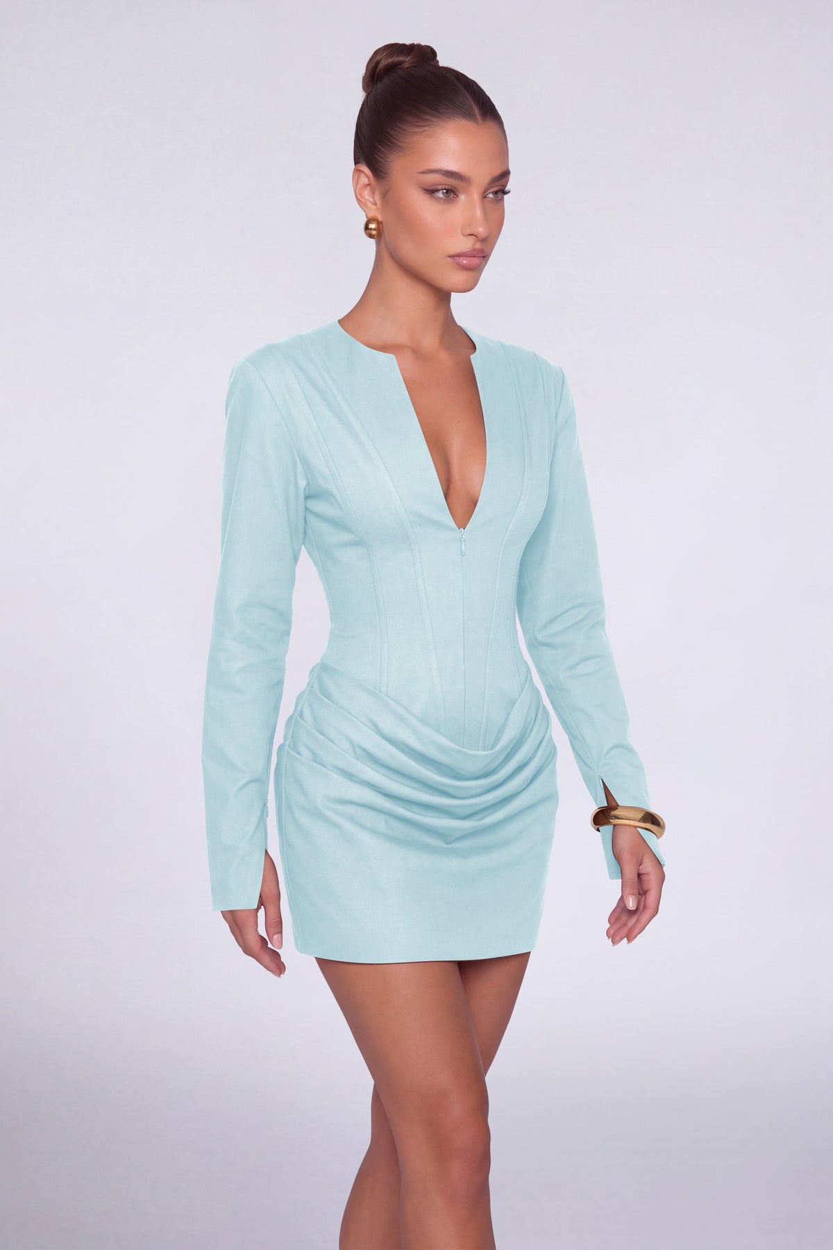 MEXMY Plunge-V Ruched Lace-Up Back Long-Sleeve Mini Dress - Light Blue - View 4