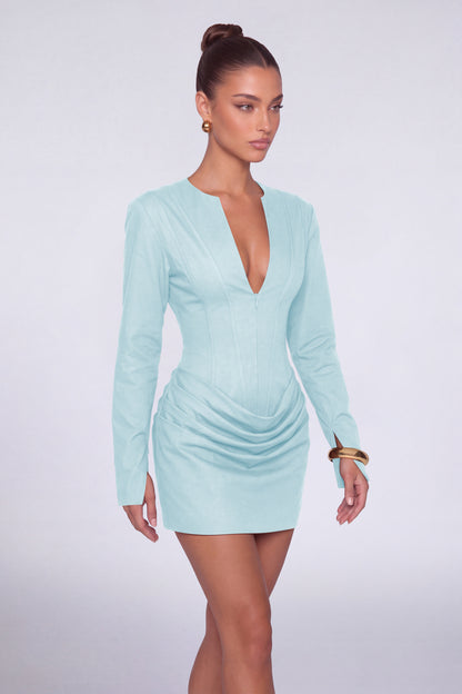 MEXMY Plunge-V Ruched Lace-Up Back Long-Sleeve Mini Dress - Light Blue - View 4