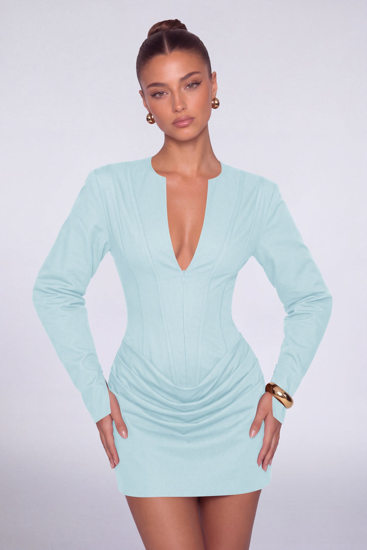 MEXMY Plunge-V Ruched Lace-Up Back Long-Sleeve Mini Dress - Light Blue - View 5