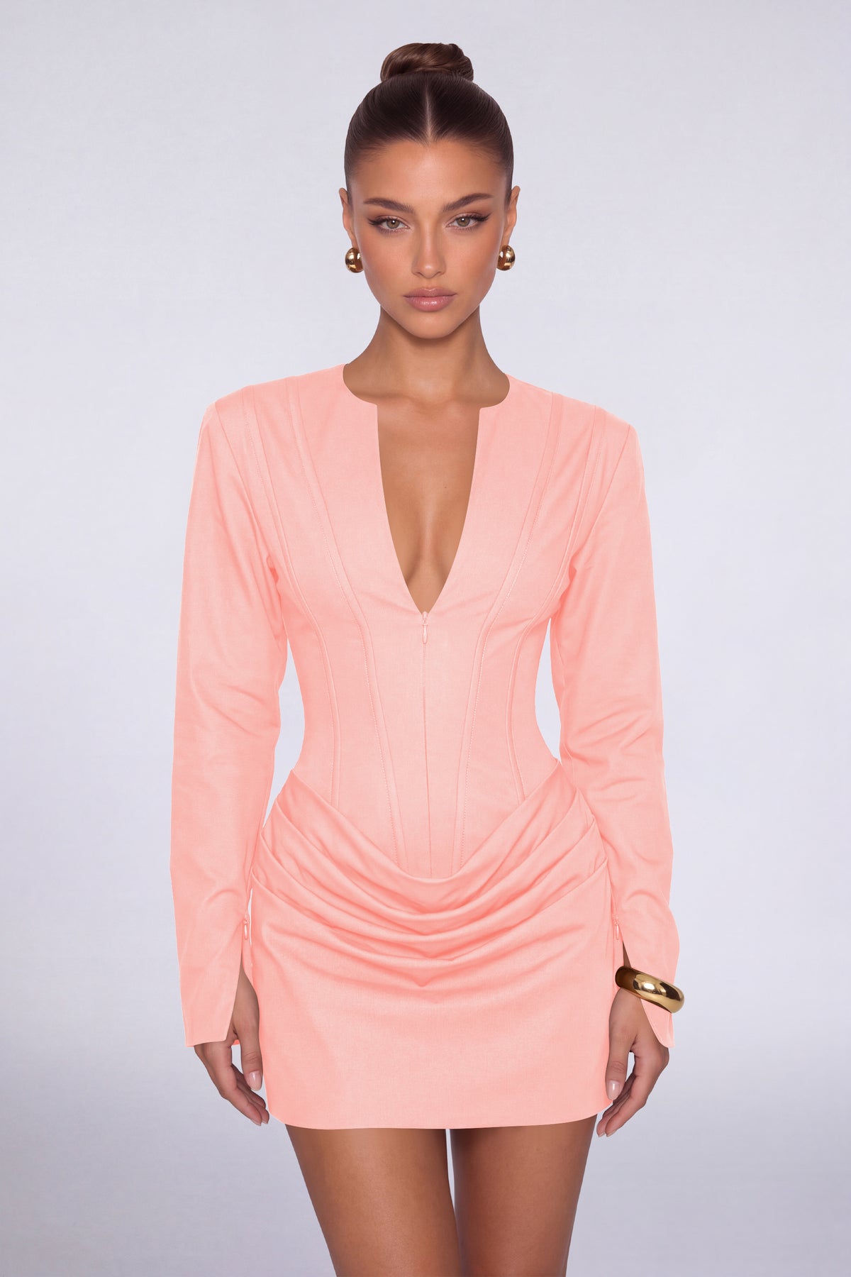 MEXMY Plunge-V Ruched Lace-Up Back Long-Sleeve Mini Dress - Light Pink - View 1