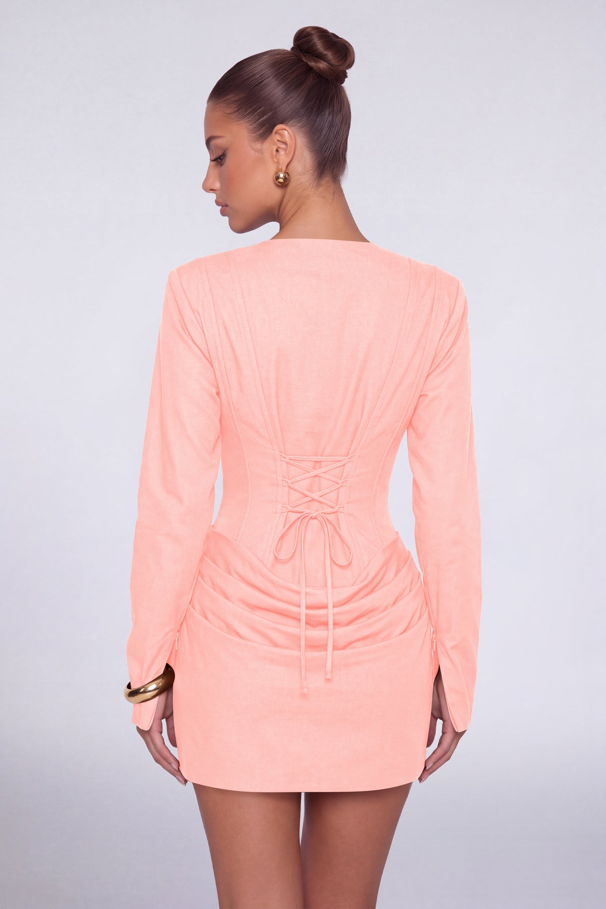 MEXMY Plunge-V Ruched Lace-Up Back Long-Sleeve Mini Dress - Light Pink - View 2