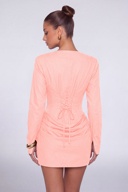 MEXMY Plunge-V Ruched Lace-Up Back Long-Sleeve Mini Dress - Light Pink - View 2