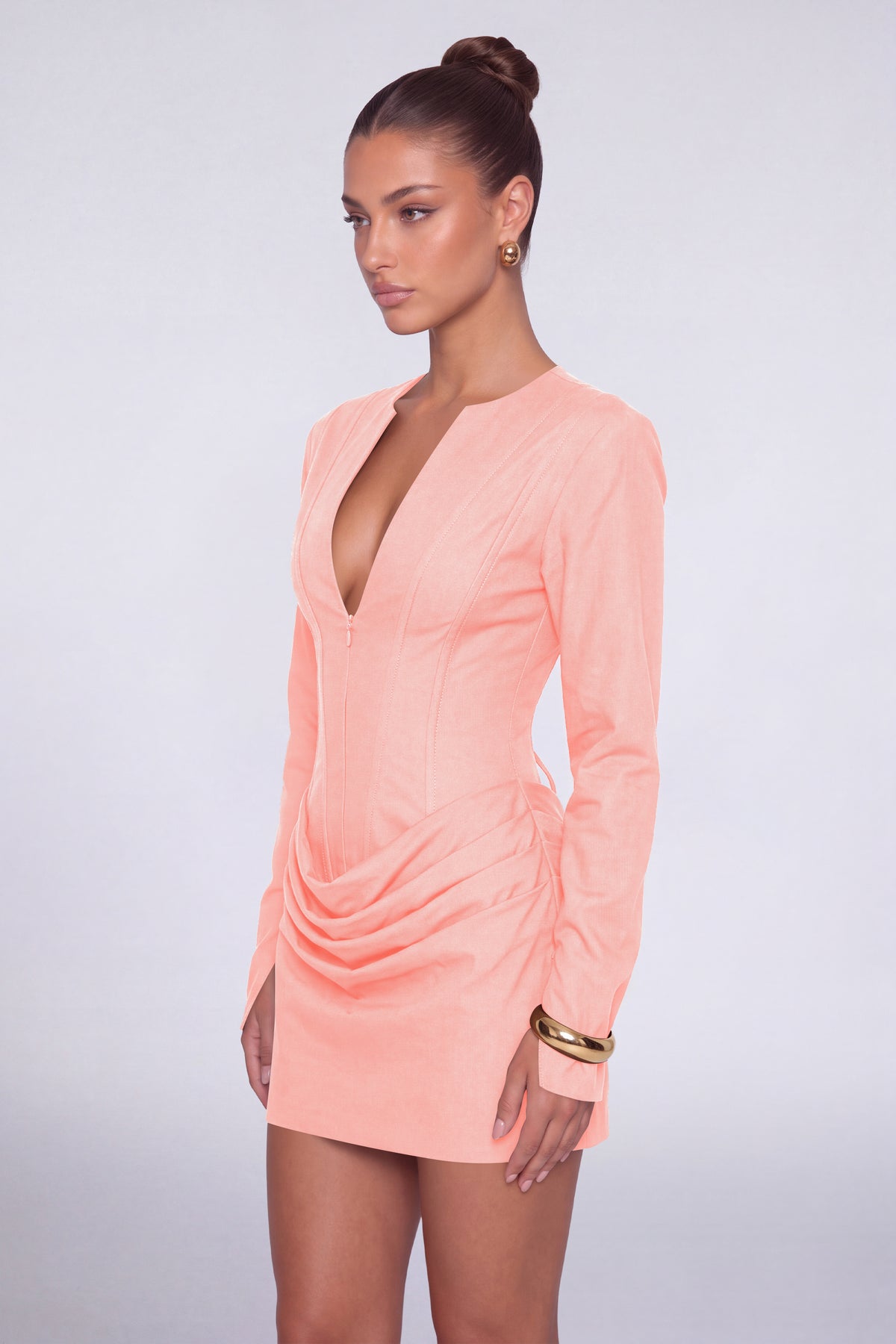 MEXMY Plunge-V Ruched Lace-Up Back Long-Sleeve Mini Dress - Light Pink - View 3