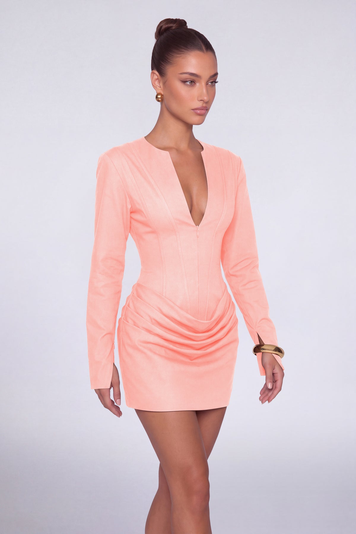 MEXMY Plunge-V Ruched Lace-Up Back Long-Sleeve Mini Dress - Light Pink - View 4