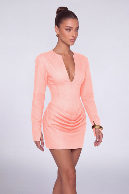 MEXMY Plunge-V Ruched Lace-Up Back Long-Sleeve Mini Dress - Light Pink - View 4