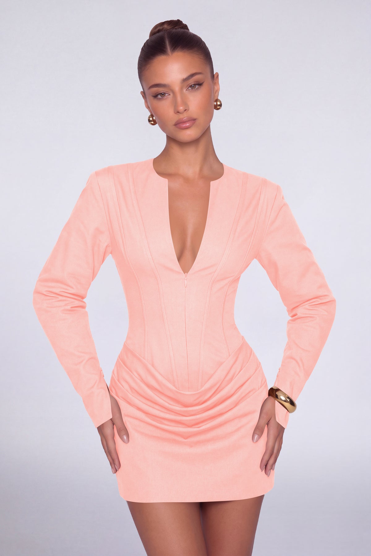 MEXMY Plunge-V Ruched Lace-Up Back Long-Sleeve Mini Dress - Light Pink - View 5