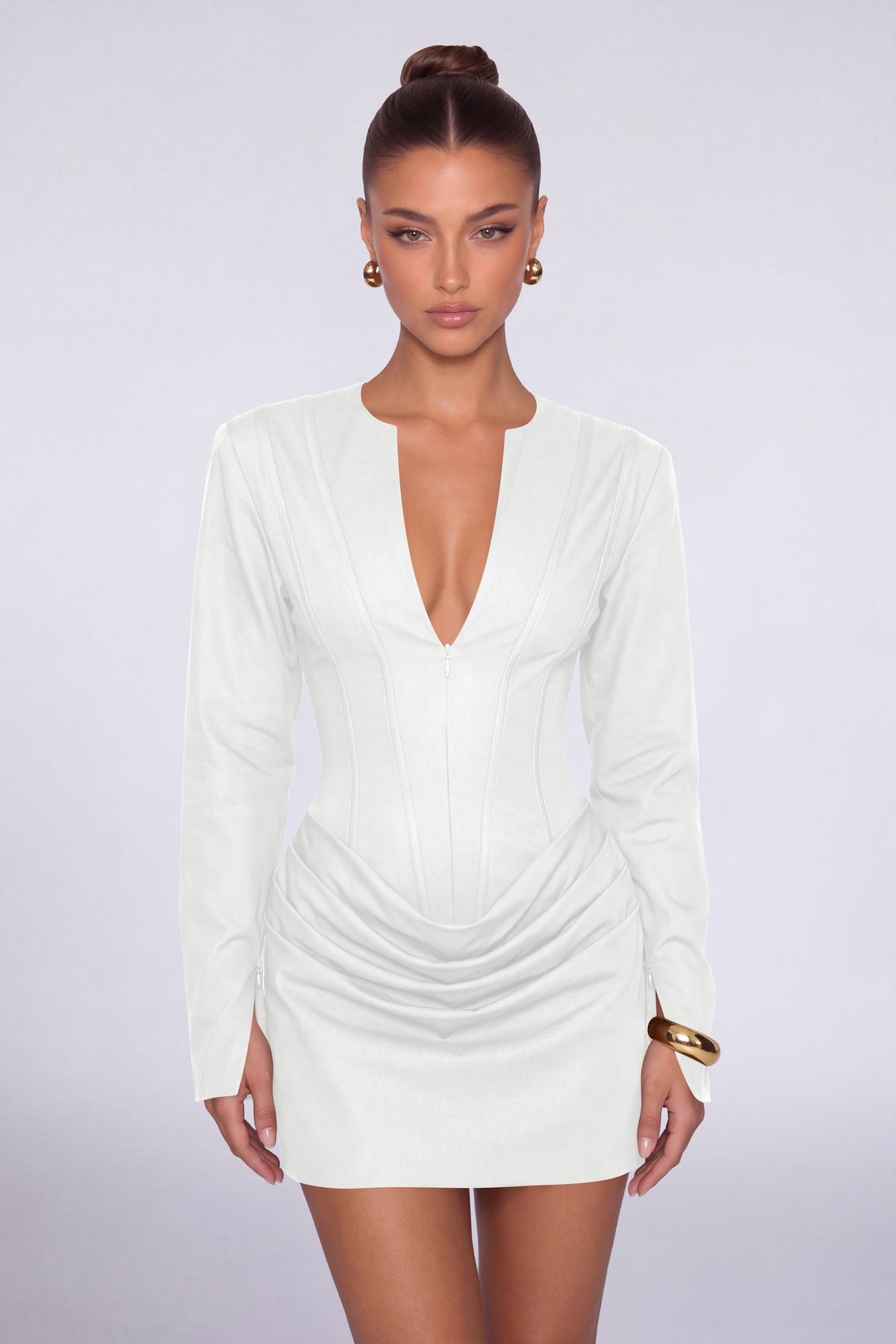 MEXMY Plunge-V Ruched Lace-Up Back Long-Sleeve Mini Dress - White - View 1