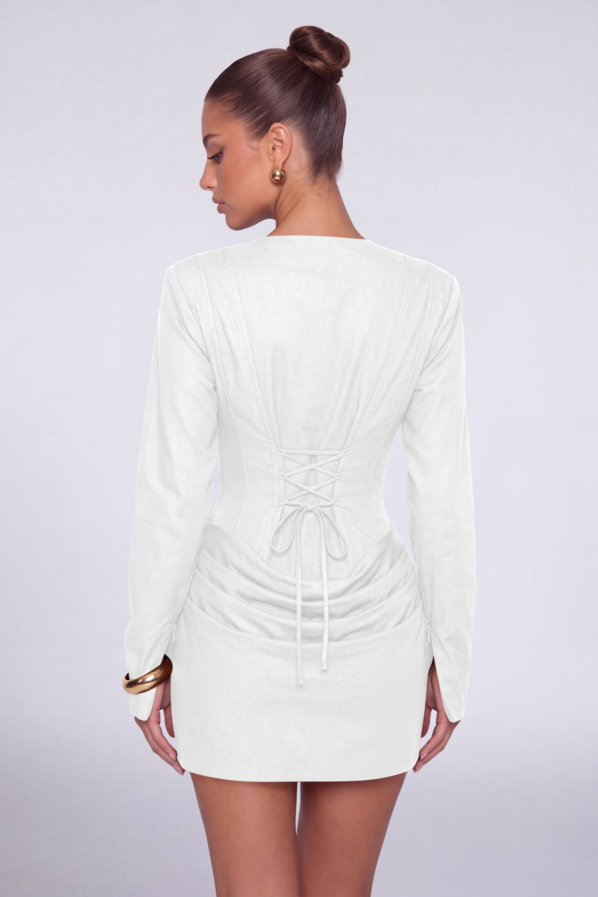 MEXMY Plunge-V Ruched Lace-Up Back Long-Sleeve Mini Dress - White - View 2