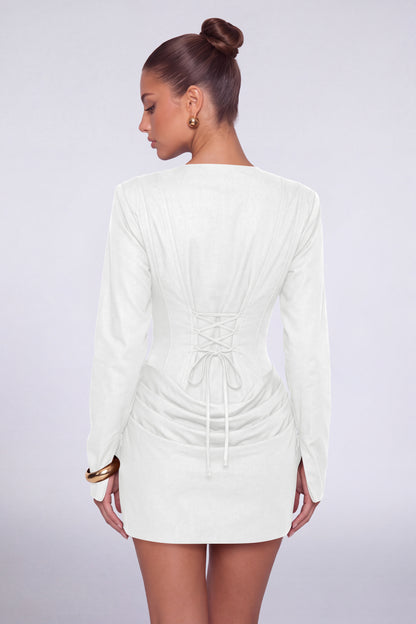 MEXMY Plunge-V Ruched Lace-Up Back Long-Sleeve Mini Dress - White - View 2