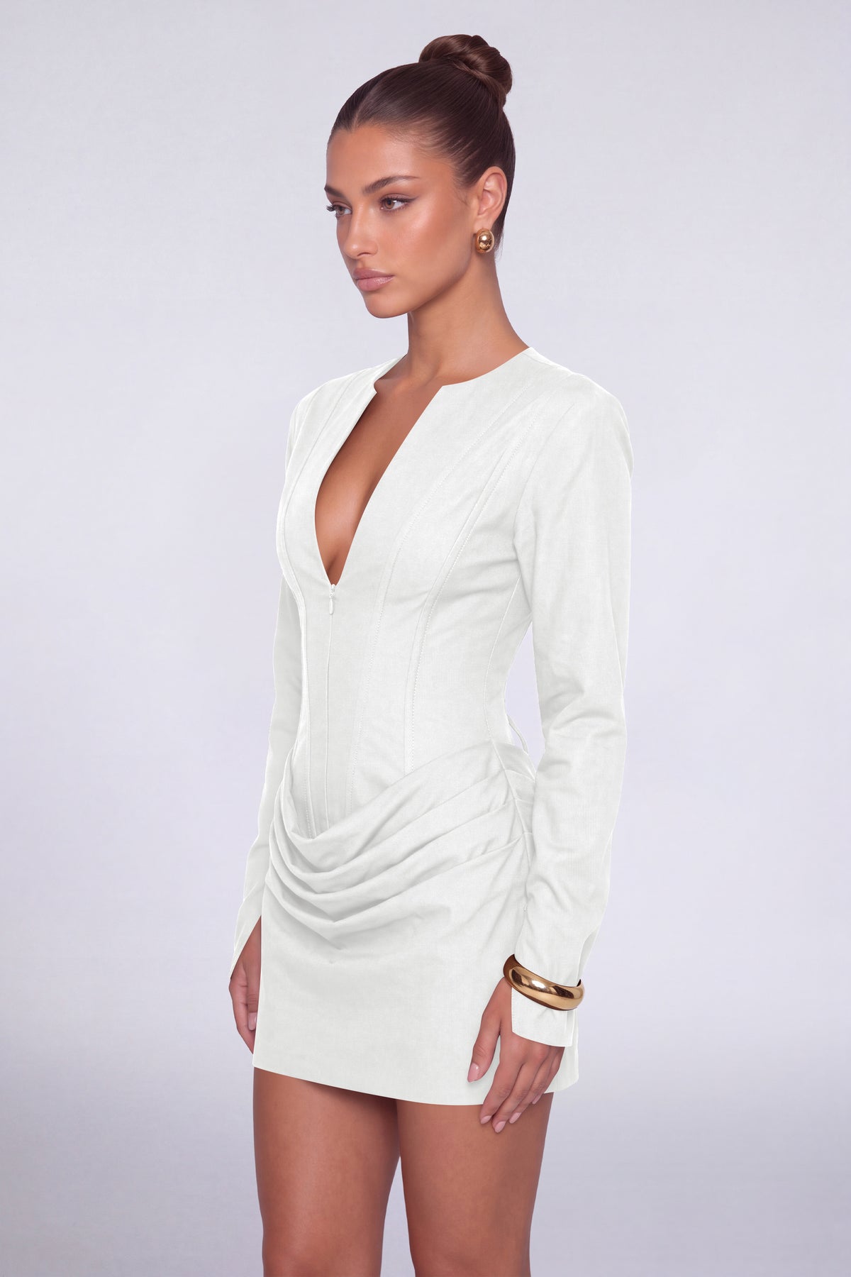 MEXMY Plunge-V Ruched Lace-Up Back Long-Sleeve Mini Dress - White - View 3