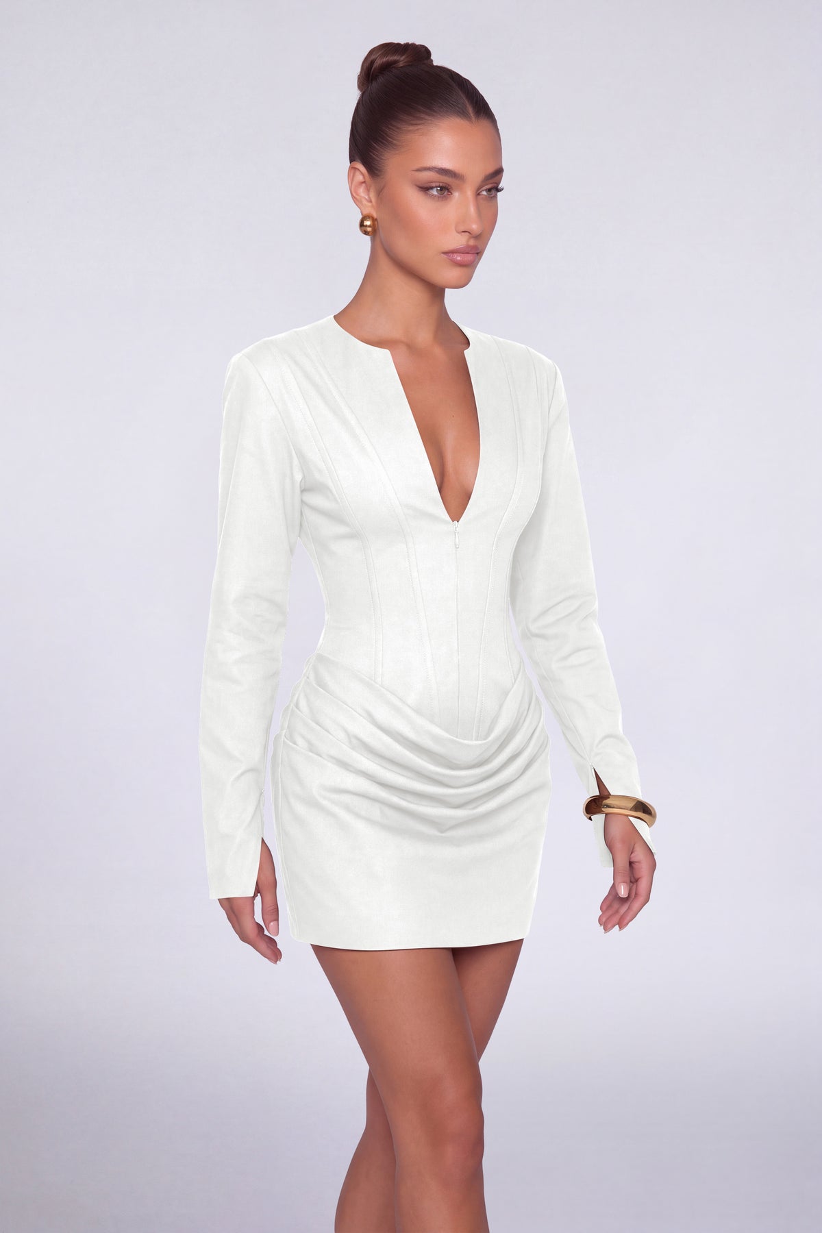 MEXMY Plunge-V Ruched Lace-Up Back Long-Sleeve Mini Dress - White - View 4