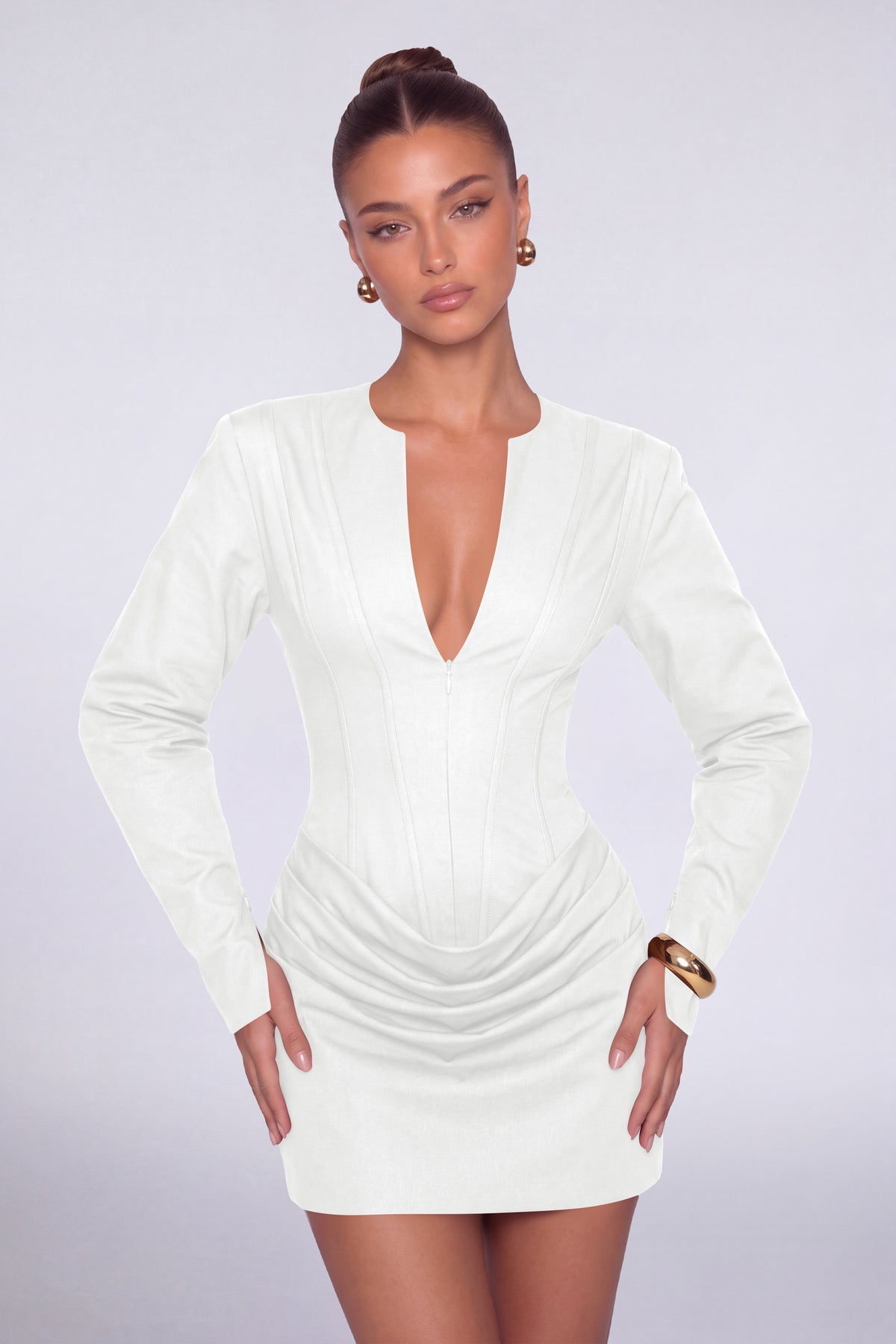 MEXMY Plunge-V Ruched Lace-Up Back Long-Sleeve Mini Dress - White - View 5