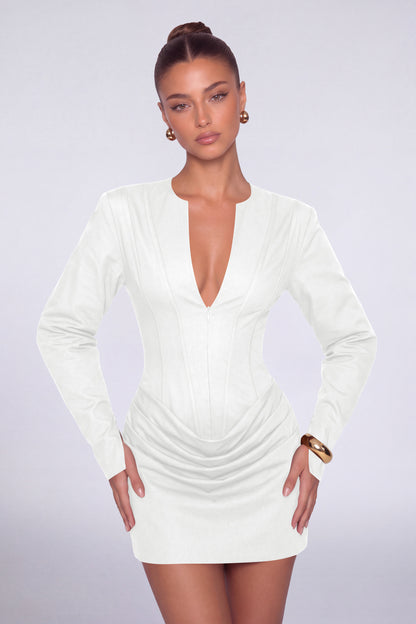 MEXMY Plunge-V Ruched Lace-Up Back Long-Sleeve Mini Dress - White - View 5