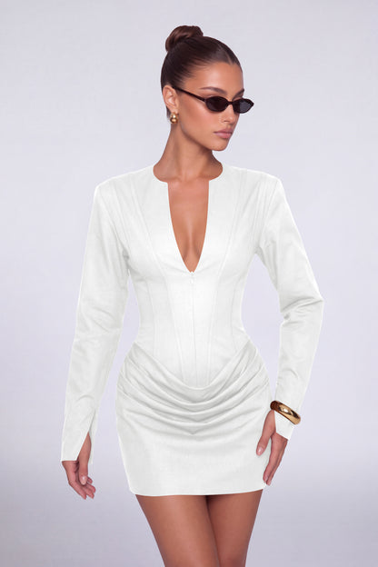 MEXMY Plunge-V Ruched Lace-Up Back Long-Sleeve Mini Dress - White - View 6