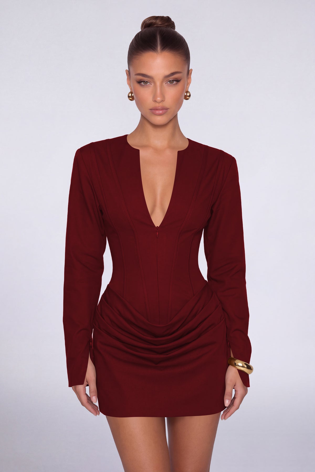 MEXMY Plunge-V Ruched Lace-Up Back Long-Sleeve Mini Dress - Wine Red - View 1