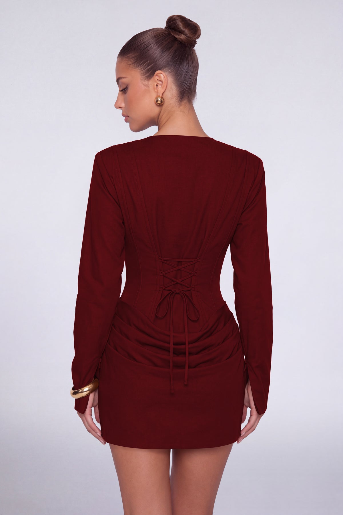 MEXMY Plunge-V Ruched Lace-Up Back Long-Sleeve Mini Dress - Wine Red - View 2