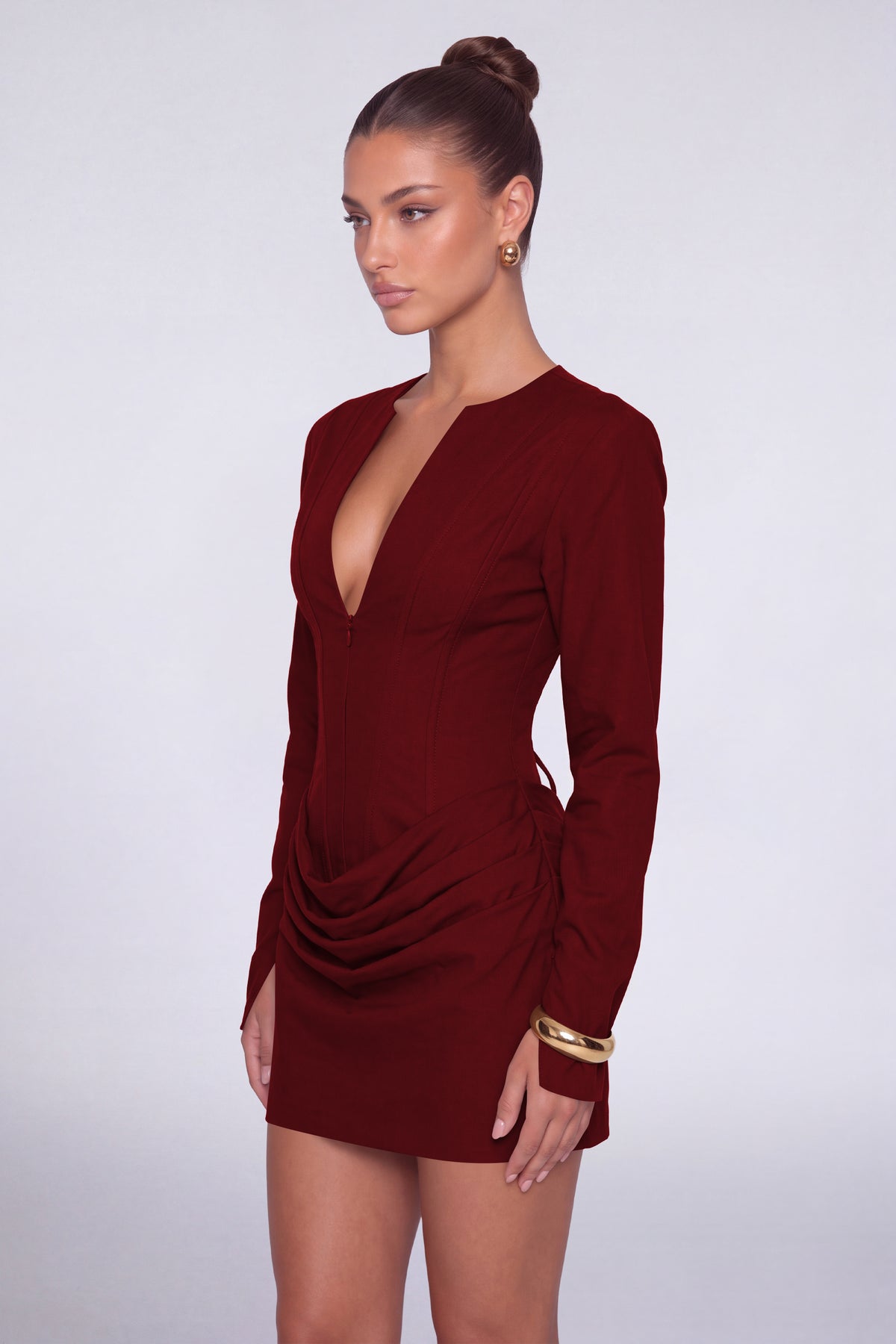 MEXMY Plunge-V Ruched Lace-Up Back Long-Sleeve Mini Dress - Wine Red - View 3