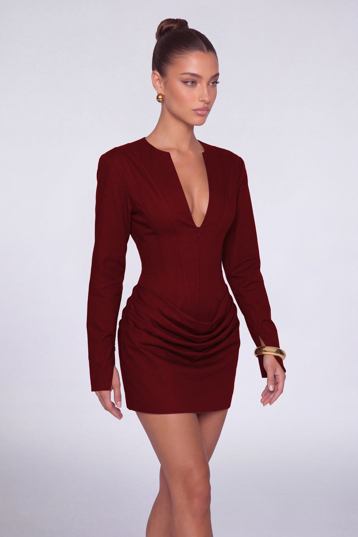 MEXMY Plunge-V Ruched Lace-Up Back Long-Sleeve Mini Dress - Wine Red - View 4 