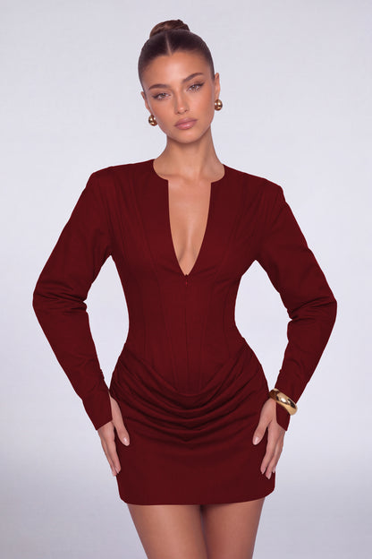 MEXMY Plunge-V Ruched Lace-Up Back Long-Sleeve Mini Dress - Wine Red - View 5