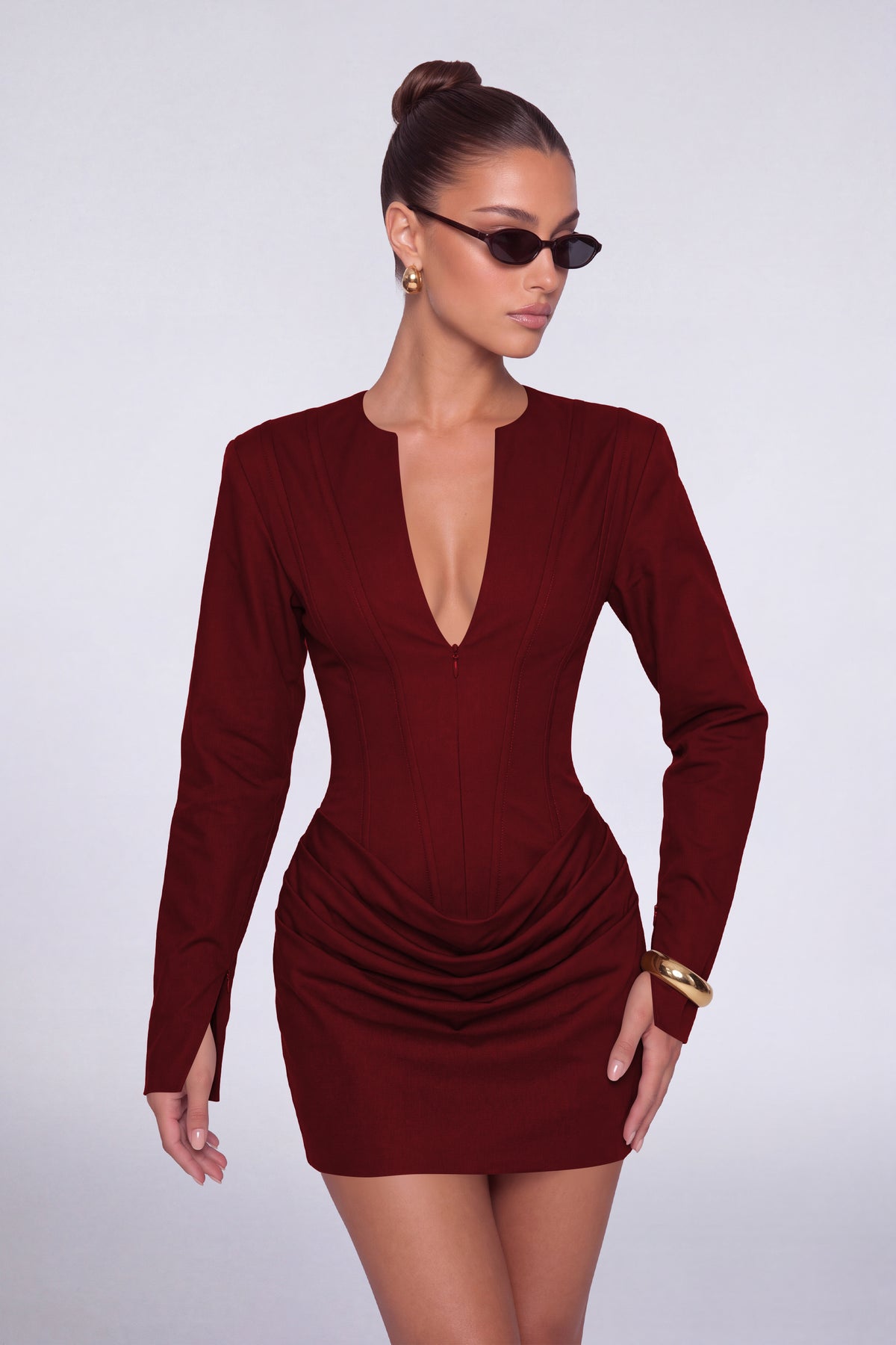 MEXMY Plunge-V Ruched Lace-Up Back Long-Sleeve Mini Dress - Wine Red - View 6