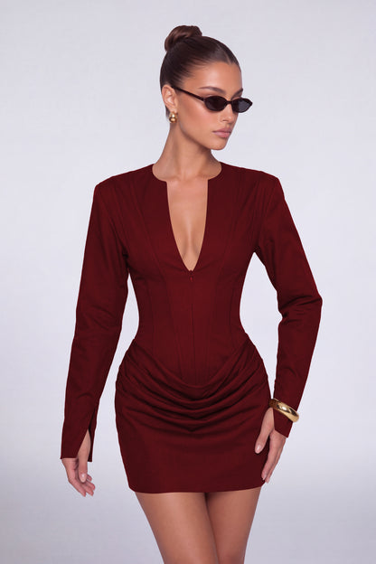 MEXMY Plunge-V Ruched Lace-Up Back Long-Sleeve Mini Dress - Wine Red - View 6