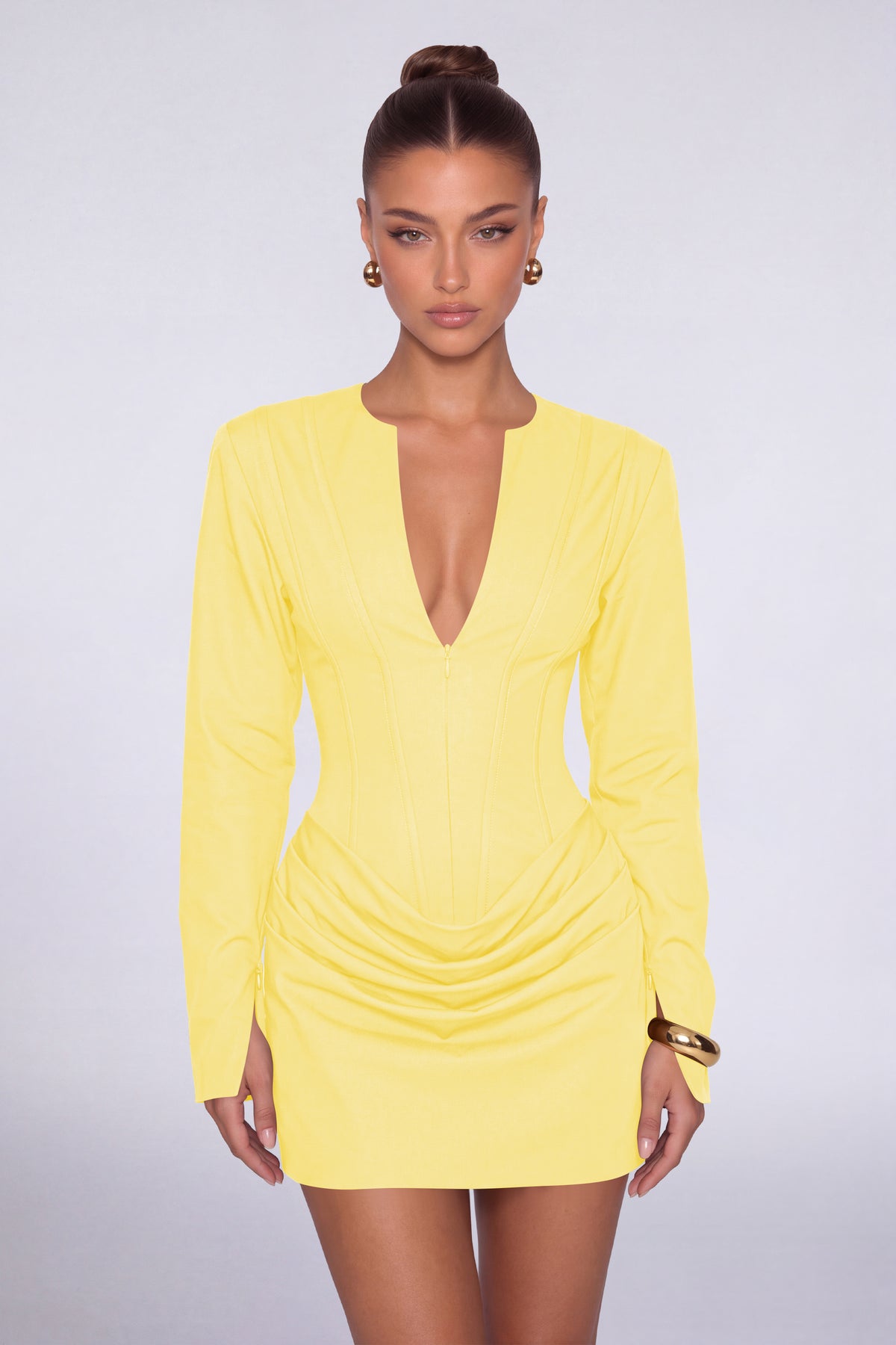 MEXMY Plunge-V Ruched Lace-Up Back Long-Sleeve Mini Dress - Yellow - View 1