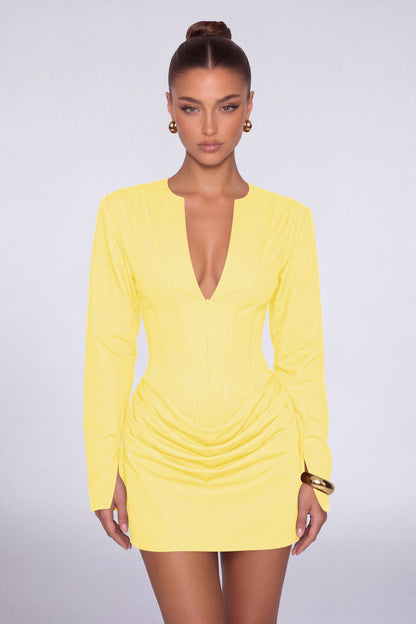 MEXMY Plunge-V Ruched Lace-Up Back Long-Sleeve Mini Dress - Yellow - View 1