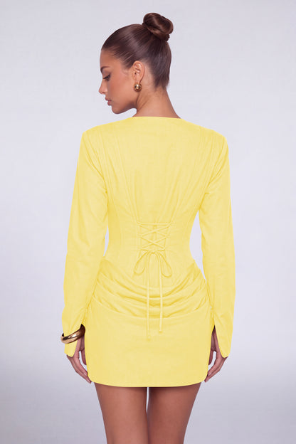 MEXMY Plunge-V Ruched Lace-Up Back Long-Sleeve Mini Dress - Yellow - View 2