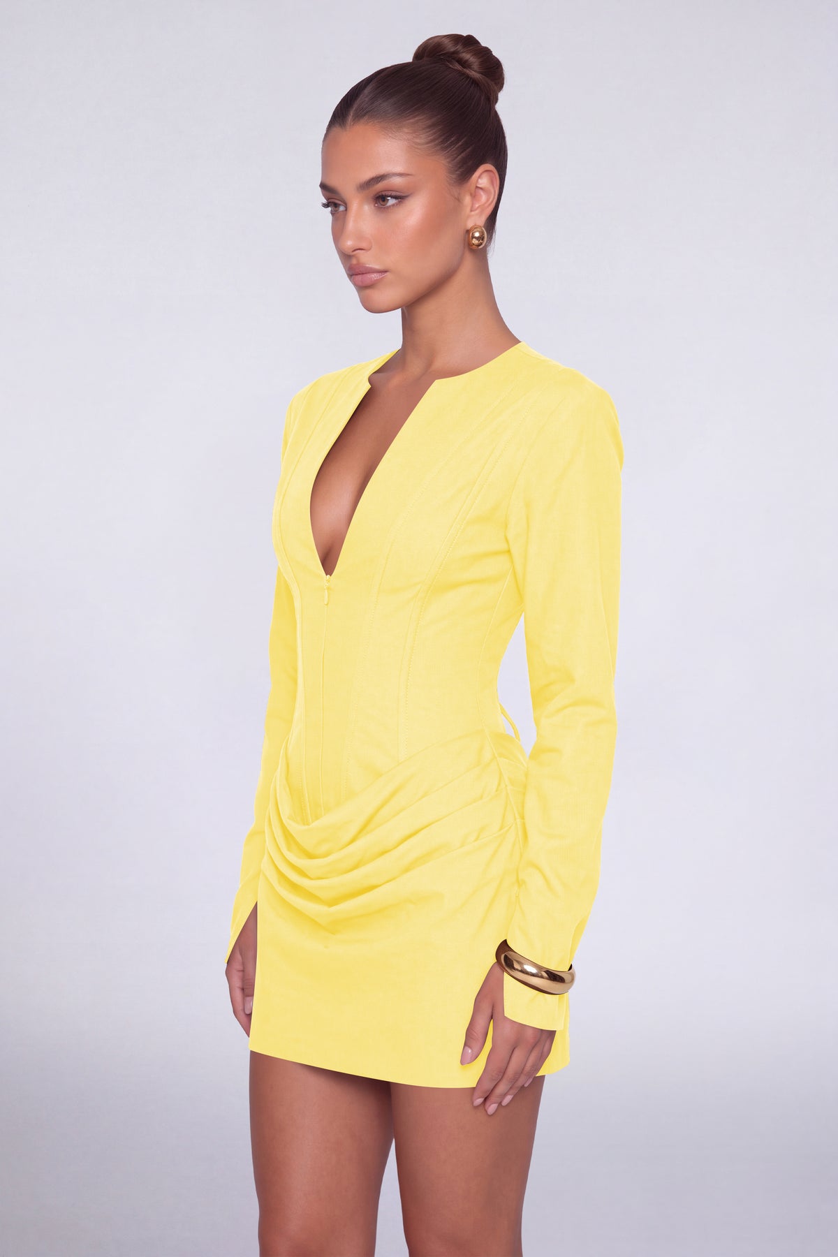 MEXMY Plunge-V Ruched Lace-Up Back Long-Sleeve Mini Dress - Yellow - View 3