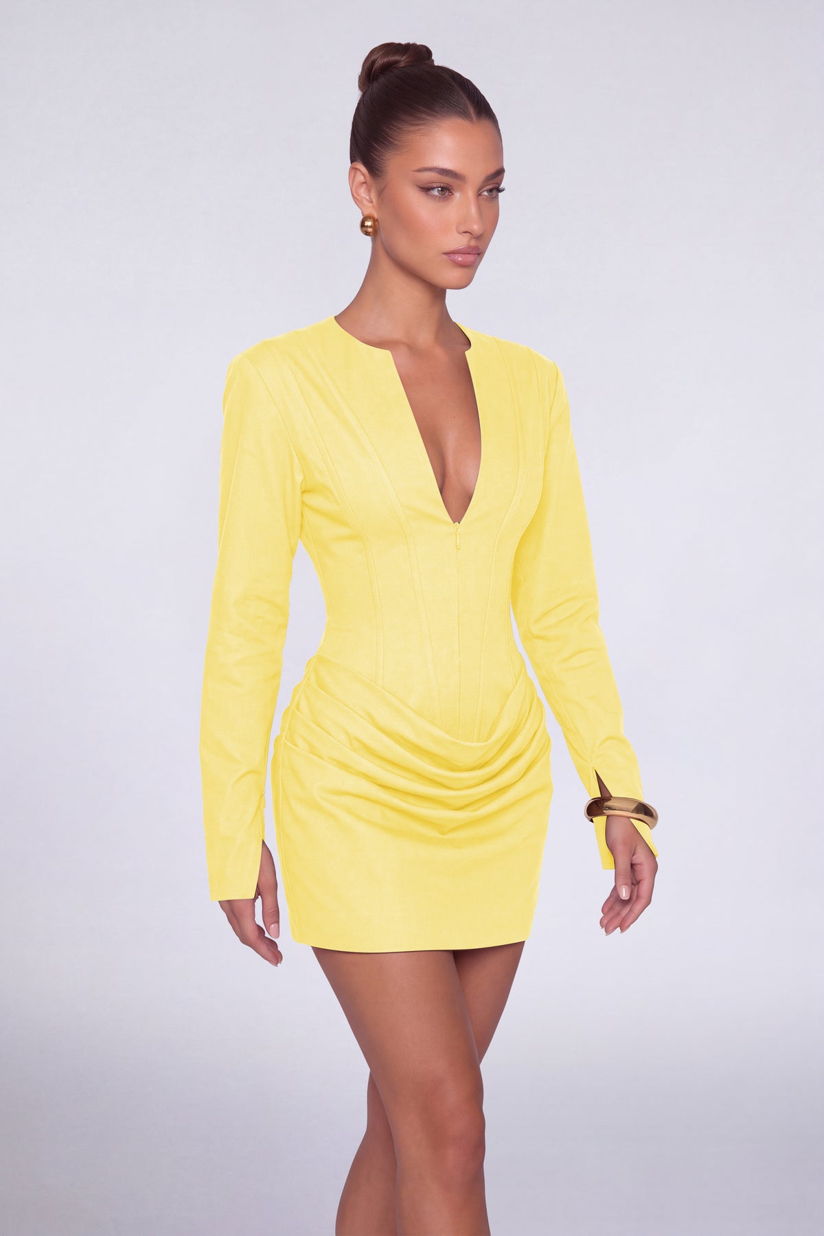 MEXMY Plunge-V Ruched Lace-Up Back Long-Sleeve Mini Dress - Yellow - View 4