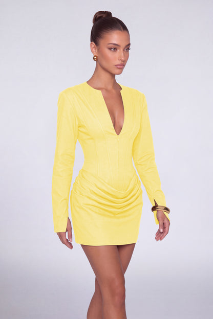 MEXMY Plunge-V Ruched Lace-Up Back Long-Sleeve Mini Dress - Yellow - View 4