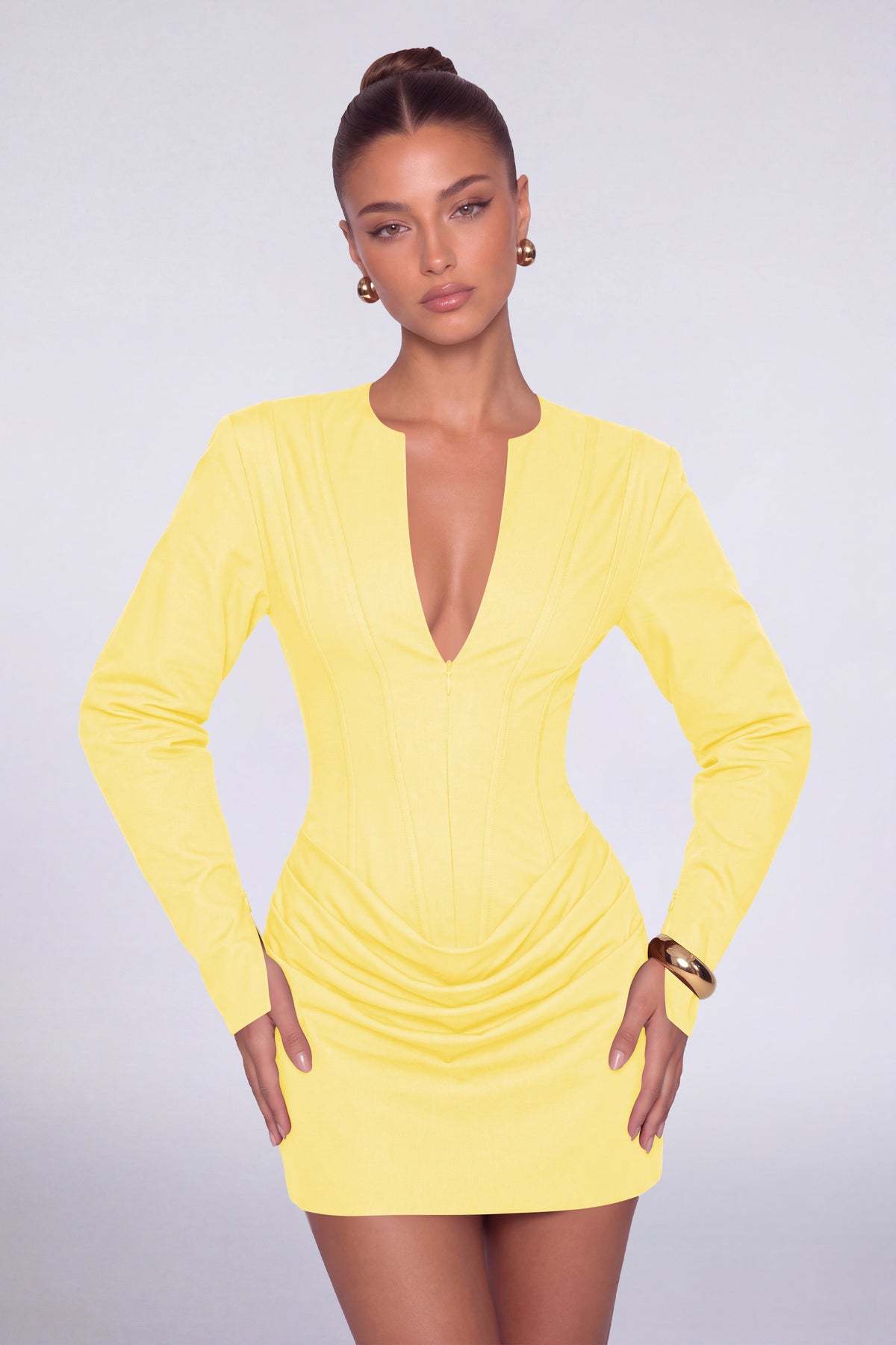 MEXMY Plunge-V Ruched Lace-Up Back Long-Sleeve Mini Dress - Yellow - View 5